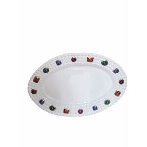 MARYSE BOXER Italy Oval White Ceramic Platter with Jeweled Rim Border 22 inches